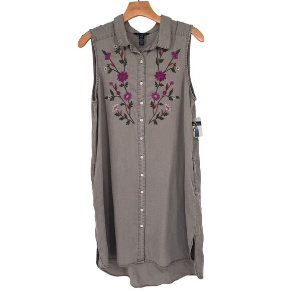 TERRE BLEUE Sleeveless Floral Embroidered Lyocell Shirt Dress Gray Size Large - Picture 1 of 13
